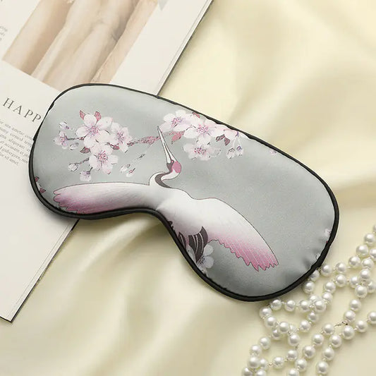 Silk Eye Mask for Sleep with Crane Print - Portable Design
