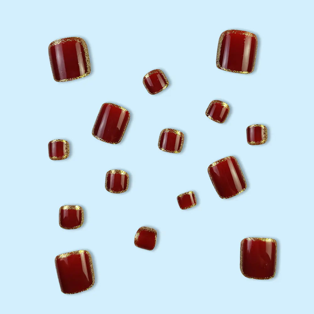 Burgundy Glitter Toe Nail Stickers - Short Press-On Nails